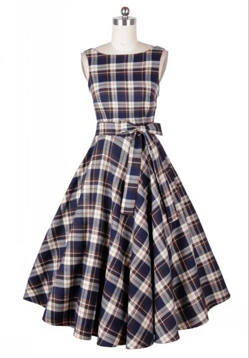 2015Retro 50s Vintage Dresses Rockabilly Swing Plaid Print Summer Ball Gown Dress Women Cotton Casual Dance | Женская одежда