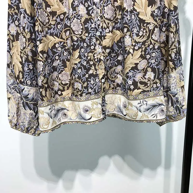 Boho Inspired black floral blouse long sleeve Spring Summer tops women buttons down O-neck oversized causal shirt new blusas |