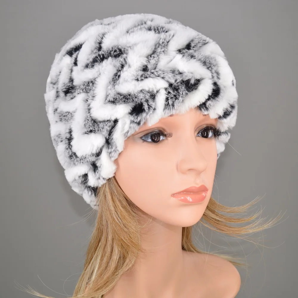 2021 Модные женские шапки из меха кролика Рекс в полоску Милые зимние теплые 100%