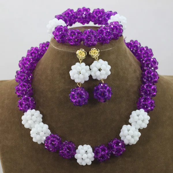 

African Wedding Bridal Purple White Balls Crystal Jewelry sets Nigerian Women Beads Necklace Jewelry Set Free Shipping ABH184