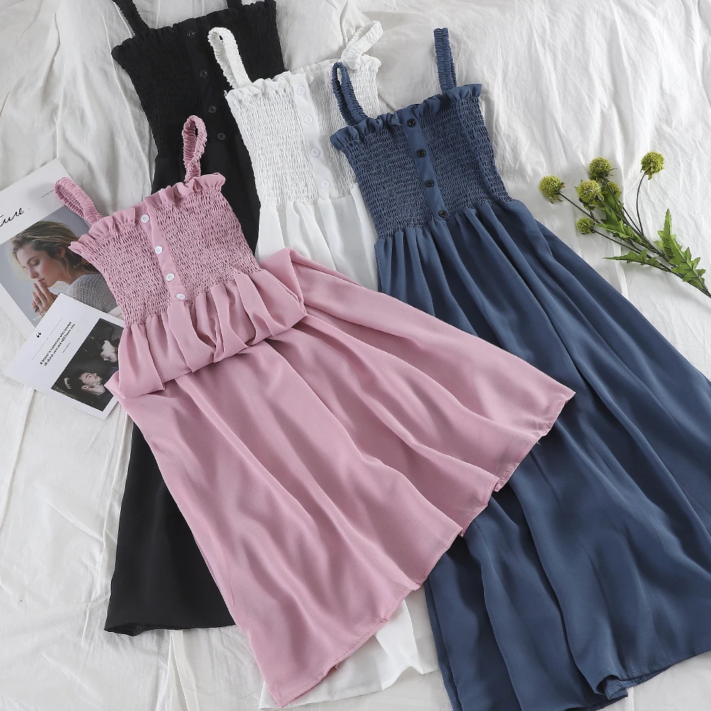 Женское платье на бретельках спагетти повседневное эластичное плиссированное с