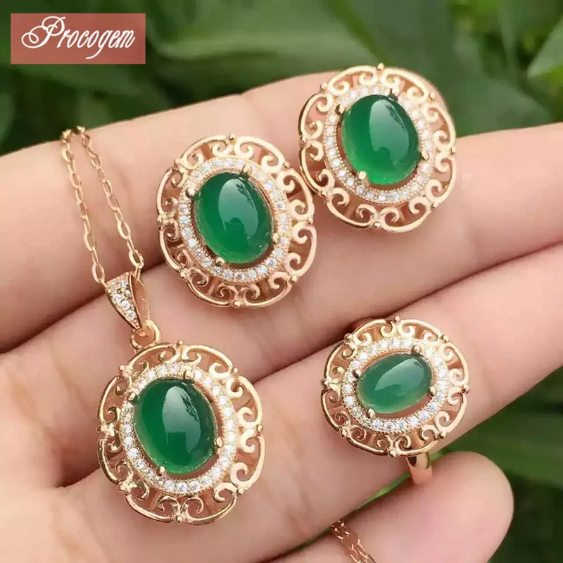 

Vintage flower green chalcedony jewelry sets for Anniversary Party S925 silver women fine Jewelry set wholesale #006