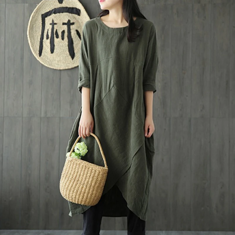 Women cotton and linen dress 2019 spring summer vintage solid loose raglan long sleeve dresses office lady casual oversize | Женская