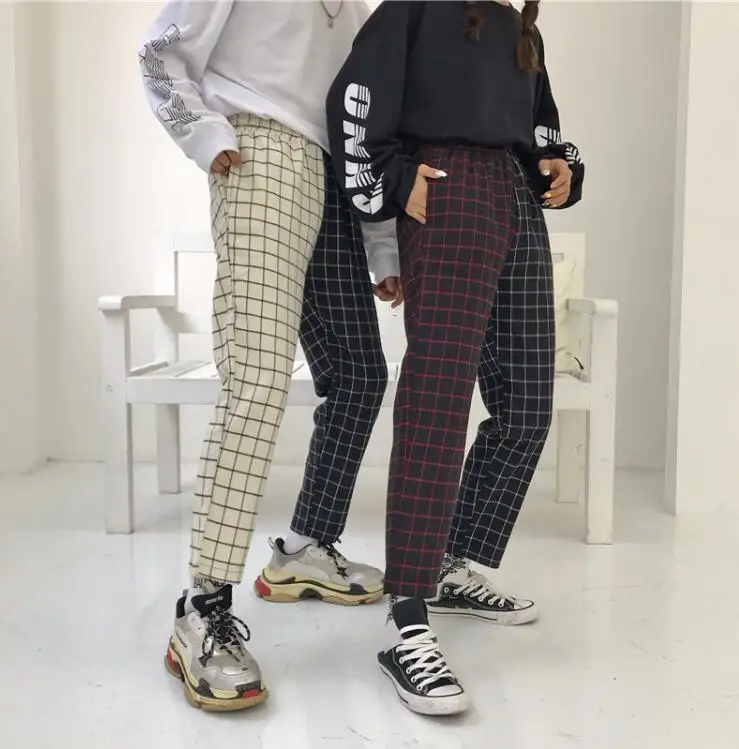 Новинка Harajuku Лоскутные клетчатые брюки женские прямые с эластичной резинкой на