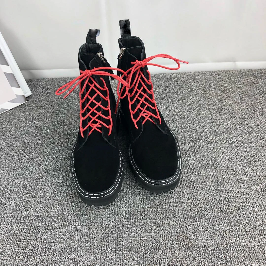 Женские ботильоны на шнуровке однотонные кожаные ботинки с круглым носком осень