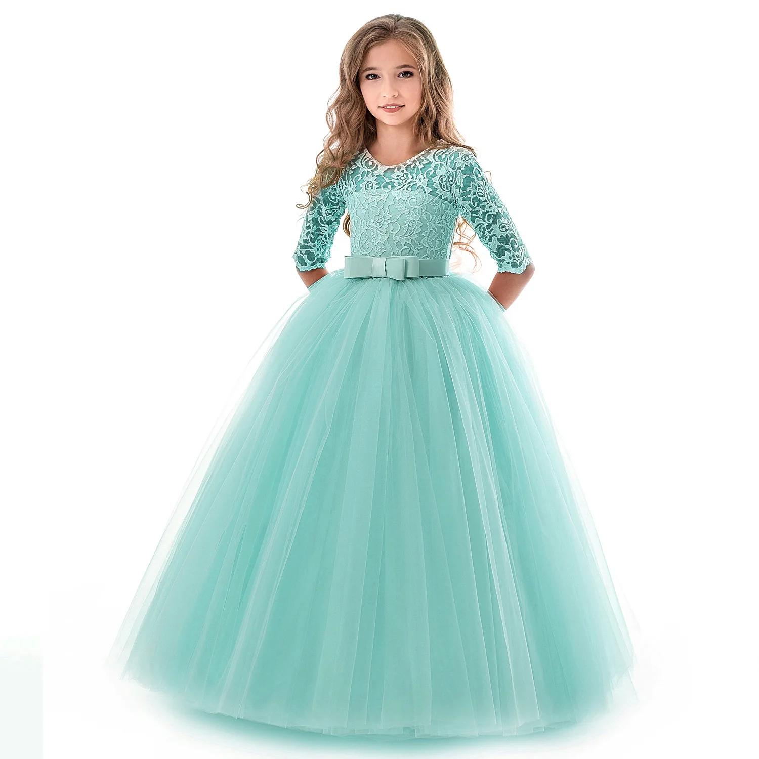Girls Lace Half Sleeve Dress Kid First Communion Dresses Tulle Wedding Princess Costume for Junior Children Clothes | Детская одежда и
