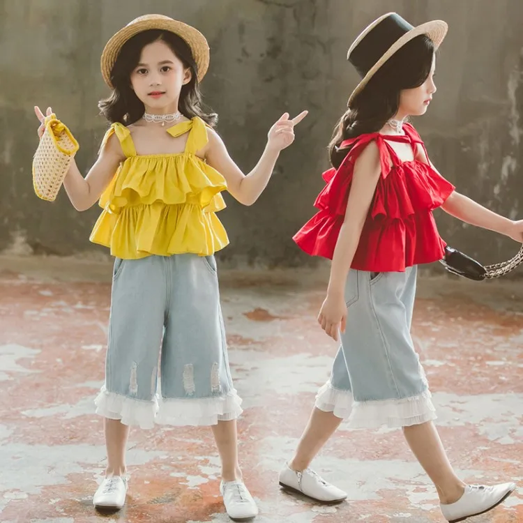 Комплект детской одежды для девочек рубашка с оборками + свободные джинсы летняя