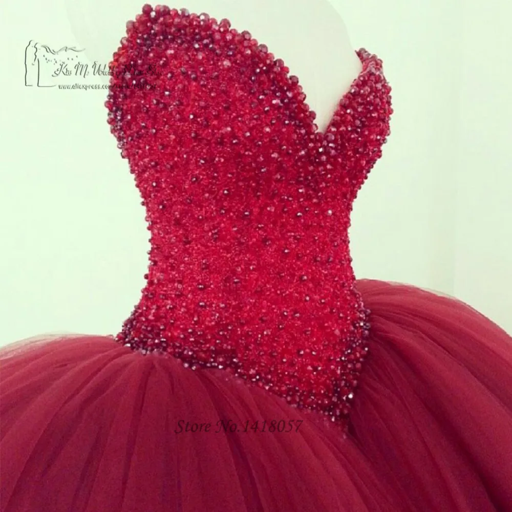 

Real Burgundy Wedding Dresses Beaded Pearls Ball Gown Bridal Dress 2017 Tulle Corset Back Wedding Gowns Vestido de Casamento