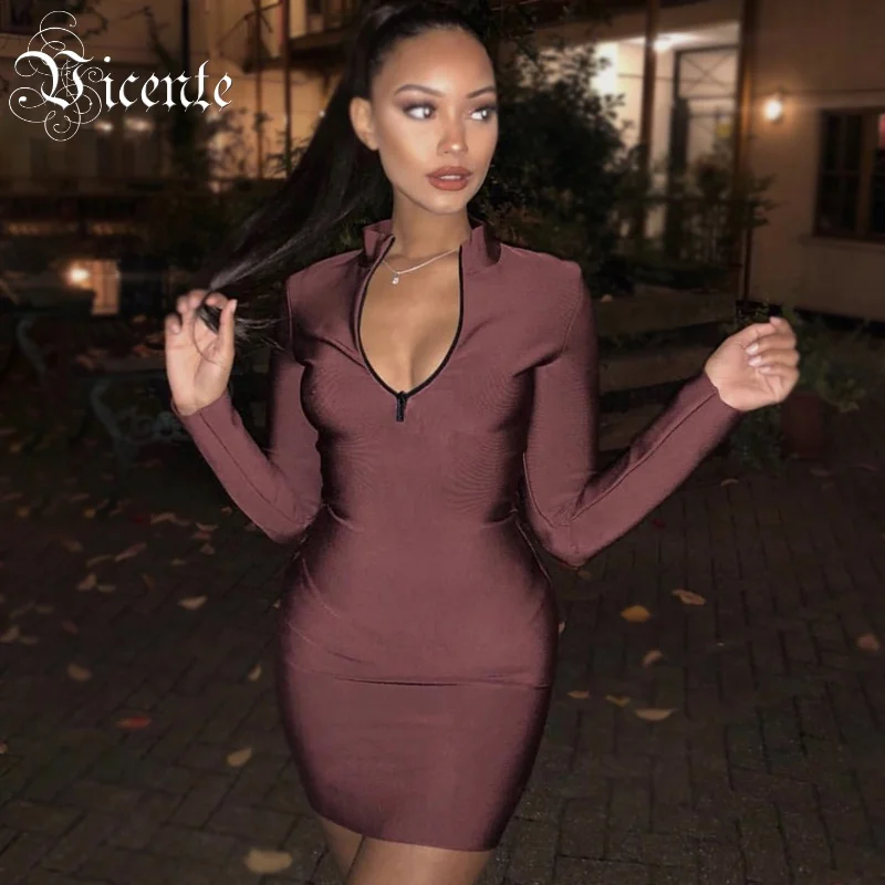 VC All Free Shipping HOT New Chic Zipper Embellished Slim Long Sleeves Bodycon Women Celebrity Party Bandage Dress