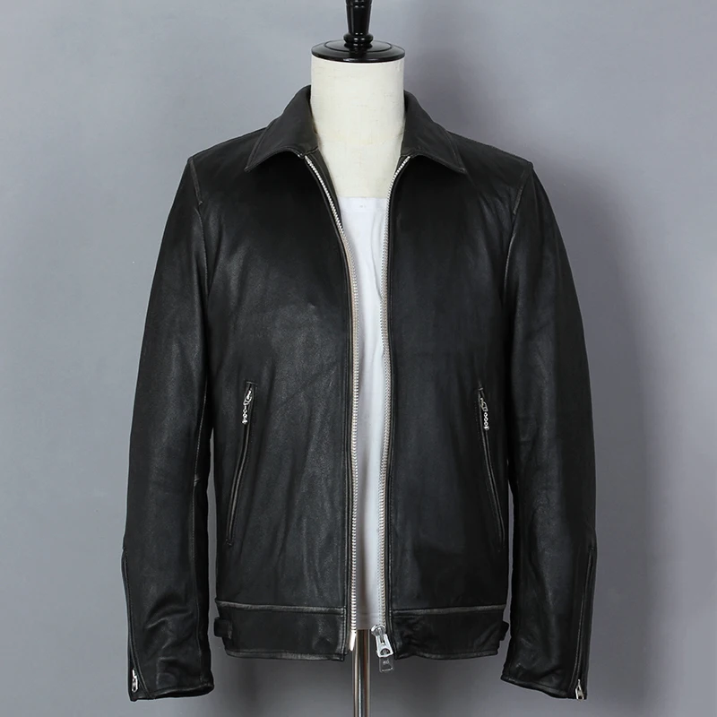 Мужская кожаная куртка повседневная винтажная приталенная байкерская из