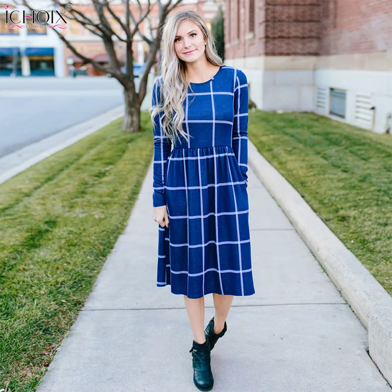 Осень Плюс Размер плед Карманы платье с длинным рукавом o-образным вырезом