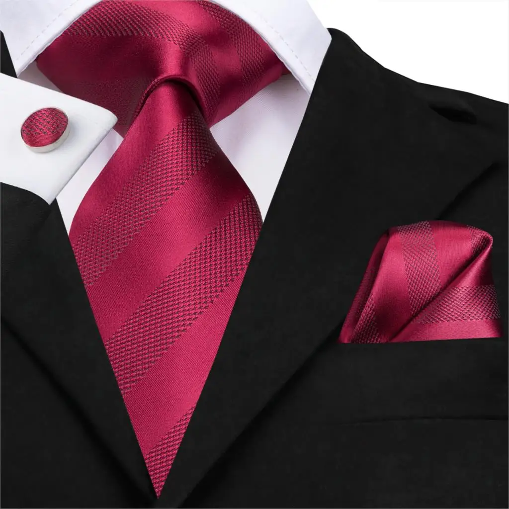 

C-3174 Silk Woven Men Tie Red Necktie New Striped Hanky Cufflinks Set 8.5cm Classic Business Wedding Pocket Square Tie Set