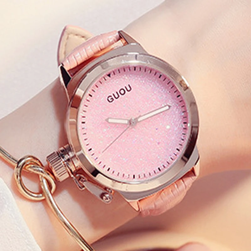 Женские Часы GUOU женские часы роскошные со сверкающими бриллиантами с кожаным
