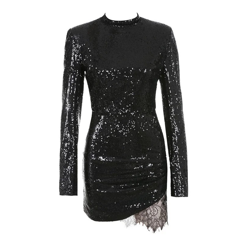 Женское коктейльное платье черное Сверкающее с длинным рукавом и блестками