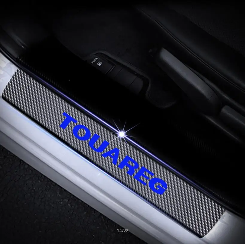Для VW Touareg автомобильный порог Накладка Светоотражающая 4D углеродное волокно наклейка Добро пожаловать педаль порог авто аксессуары 4 шт - Название цвета: Синий