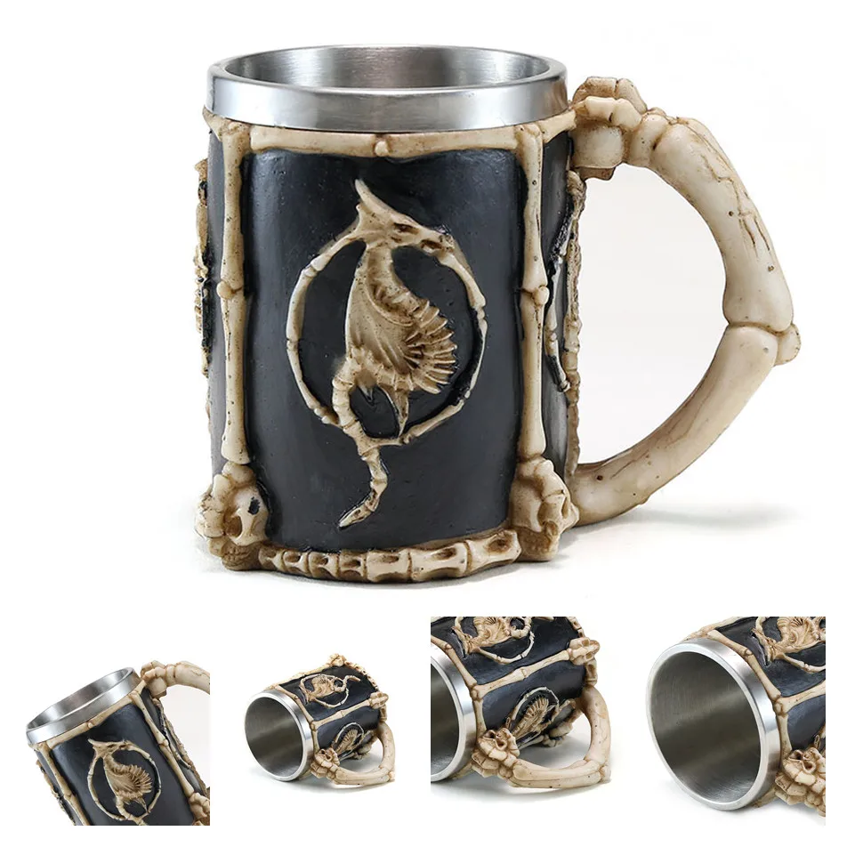 Dragon Bone Череп Дракон из смолы нержавеющая сталь Пивная кружка Ретро рыцарь Танкард Хэллоуин кофейная чашка креативный Викинг чайная кружка Паб Бар украшения - Цвет: Dragon Bone