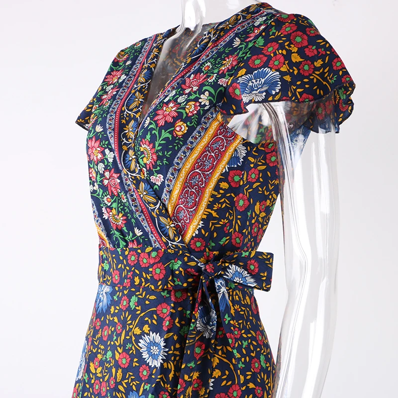 Nadafair Boho цветочное женское Макси платье с v-образным вырезом Сплит пляжное сексуальное длинное платье с поясом элегантные вечерние летние платья vestidos robe Femme