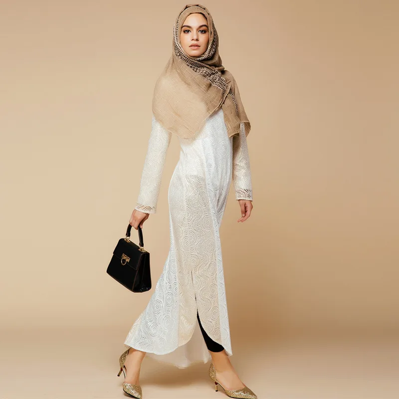 Модное Длинное мусульманское платье с длинным рукавом чисто белое сексуальное