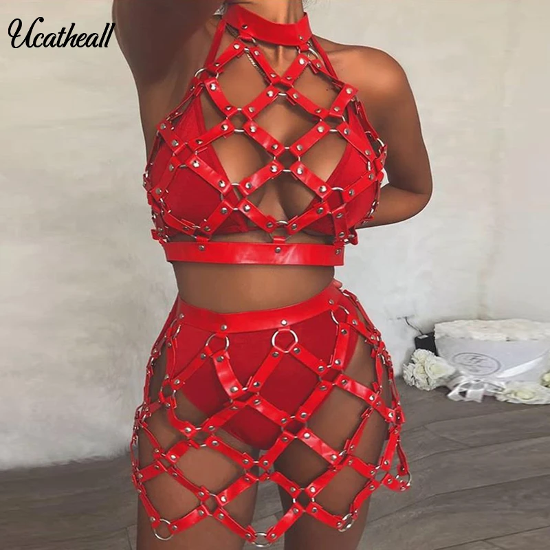 Hollow Out Leather Two Piece Set Sexy PU Crop Top Metal Chain Mini Skirts Sets Women Holographic Backless Nightclub 2 Pieces Set