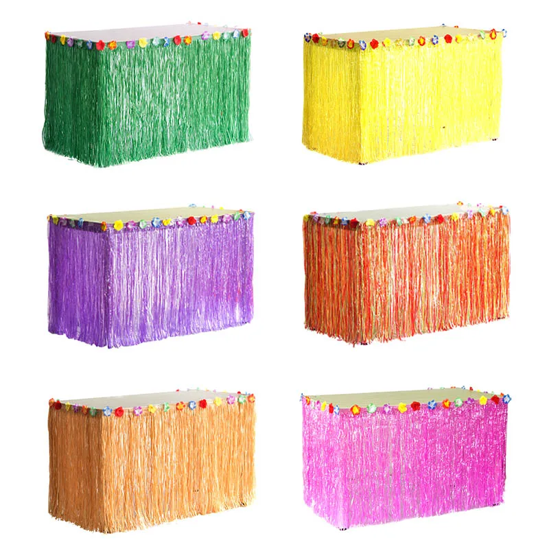 

1pc Fringe Table Skirt Hawaiian Party Decorations Table Skirt with Flowers Wrap Summer Tropical Baby Shower Party Table Supplies