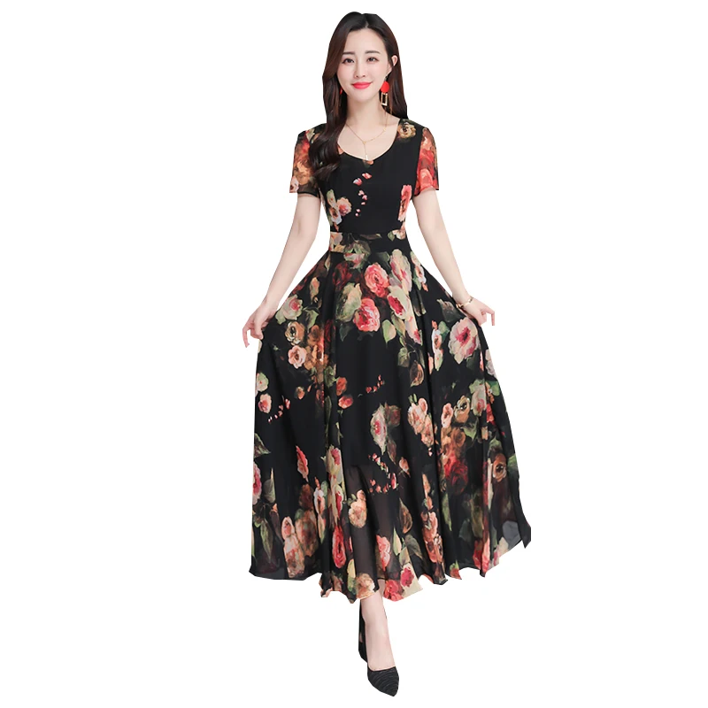 2019 Summer New Arrival High Quality S-3XL Bohemian V Collar Flower Printed Woman Long Chiffon Dress | Женская одежда