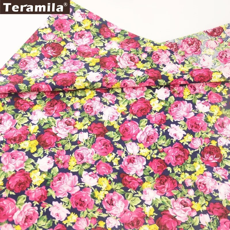 Teramila Cotton Poplin Fabric Printed Blooming Flower Style Dark Navy Cloth Shirt Handwork Fat Quarter Meter Textile Patchwork | Дом и сад