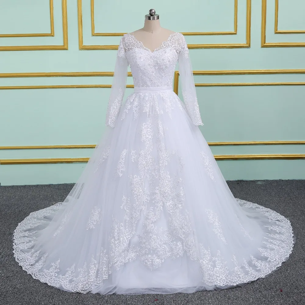 

Мусульманское кружевное свадебное платье с длинным рукавом, высокое качество, простое свадебное платье для невесты, настоящая фотография, ...