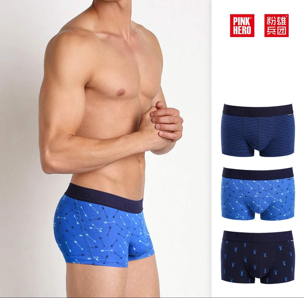 

2019 brand Pink Hero Sexy Fashion Hot Sale Men Soft boxers Body Fit Breathable Striped Underpants Blue Cotton Boxer shorts