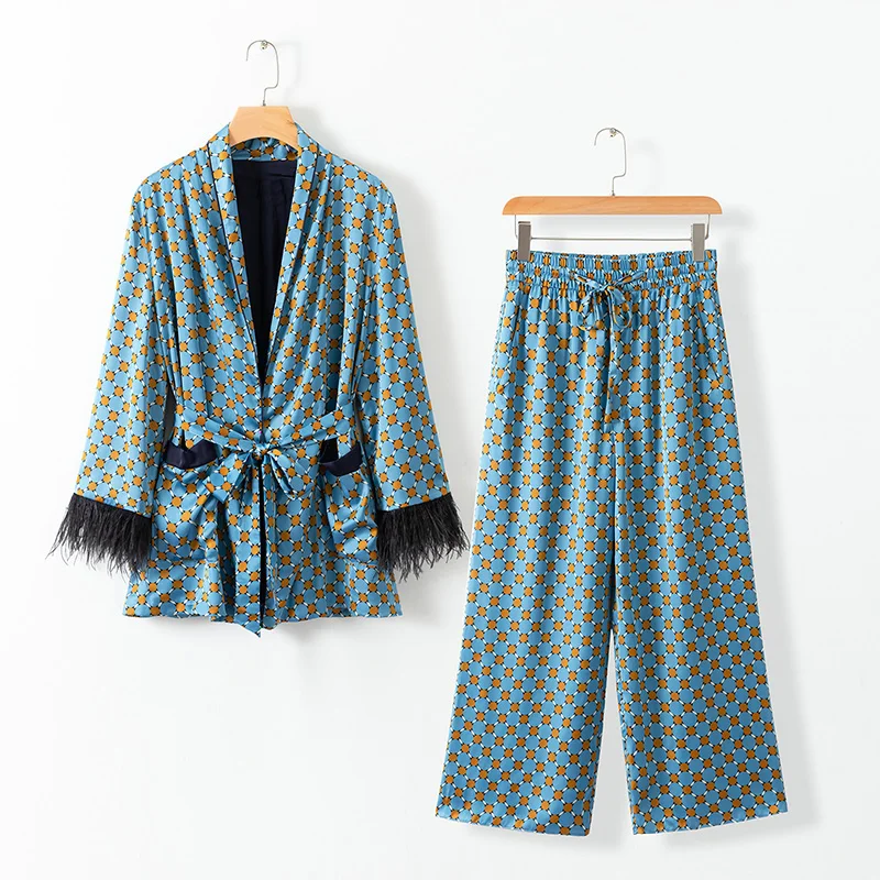 Autumn casual 2 piece set women printing two piece set tassel womens clothing long sleeve blazer set