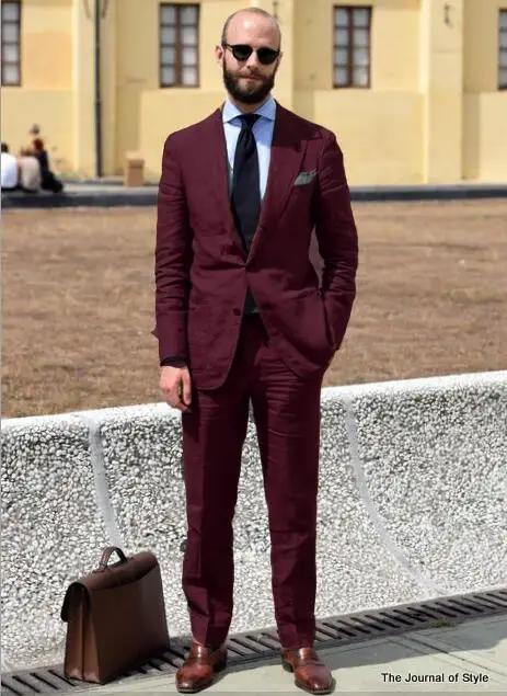 Новинка 2018 льняной костюм бордового цвета с хвостом Мужской приталенный летний