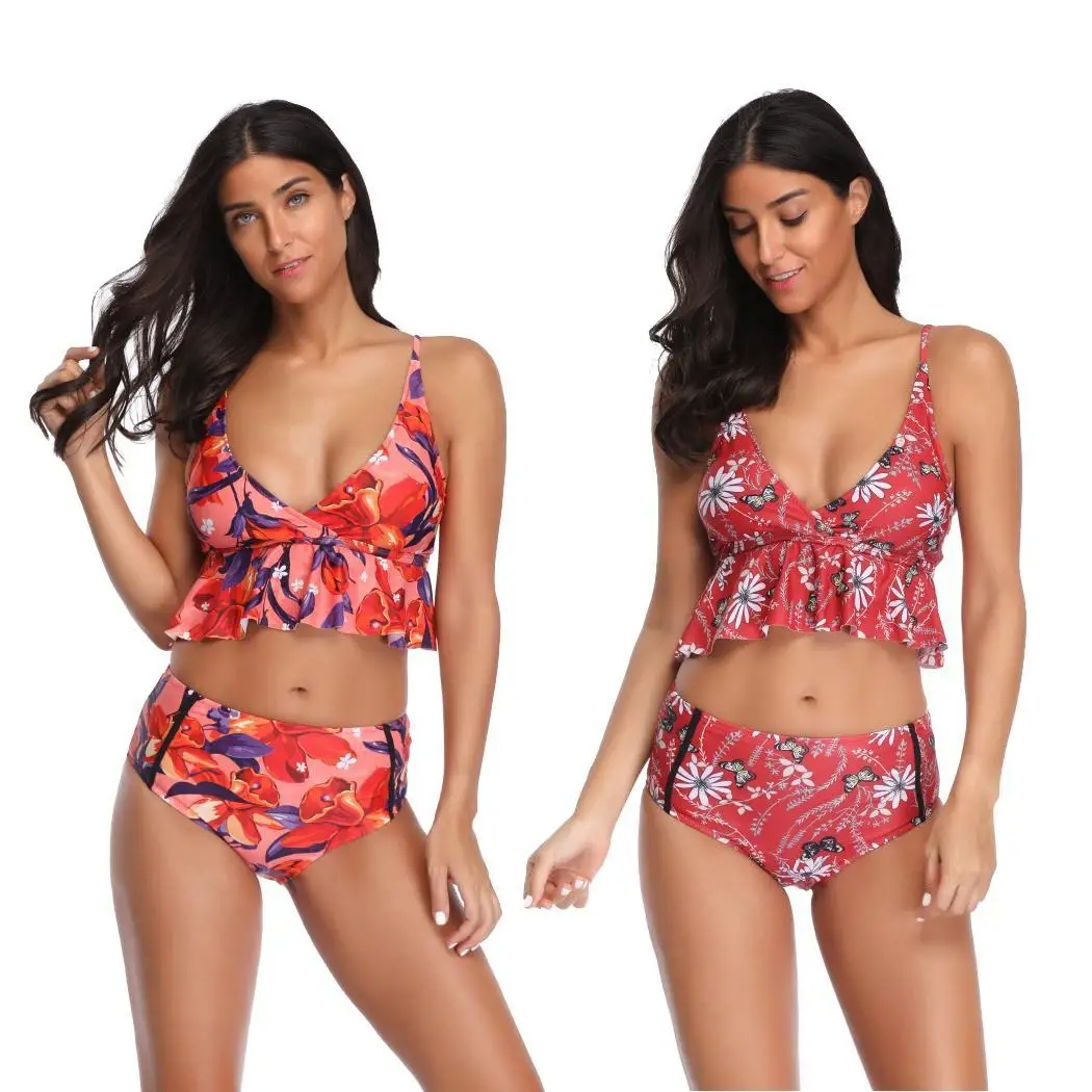 Женский модный пляжный купальник с оборками принтом для отдыха плавания всех