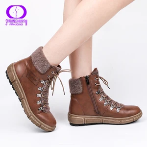 Женские кожаные ботинки AIMEIGAO, черные водонепроницаемые ботильоны на плоской резиновой подошве, с флисовой подкладкой, на молнии, зима 2019