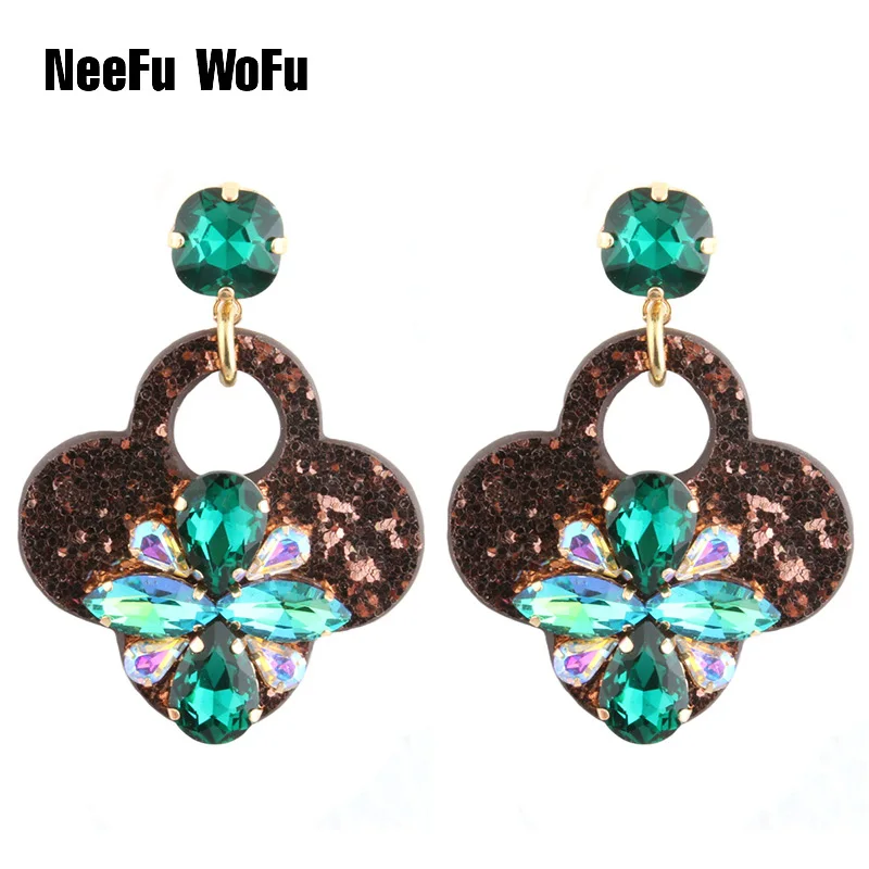 NeeFu WoFu серьги-капли из кожи с кристаллом в виде клевера большие длинные серьги