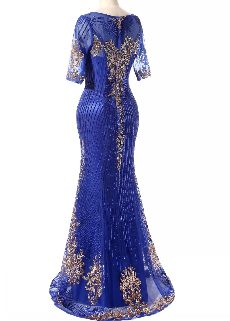 Royal Blue Evening Gown Gold Shiny Bead Piece Evening Dress Formal Mermaid Long Robe De Soiree Special Occasion Dresses ES2607