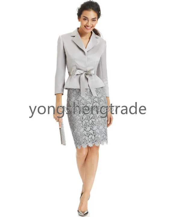 Куртка с поясом и костюм кружевной юбкой серебряный на заказ Зубчатый воротник