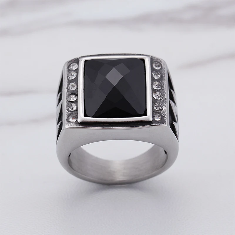 Большое Квадратное кольцо из нержавеющей стали с черным камнем кристаллами