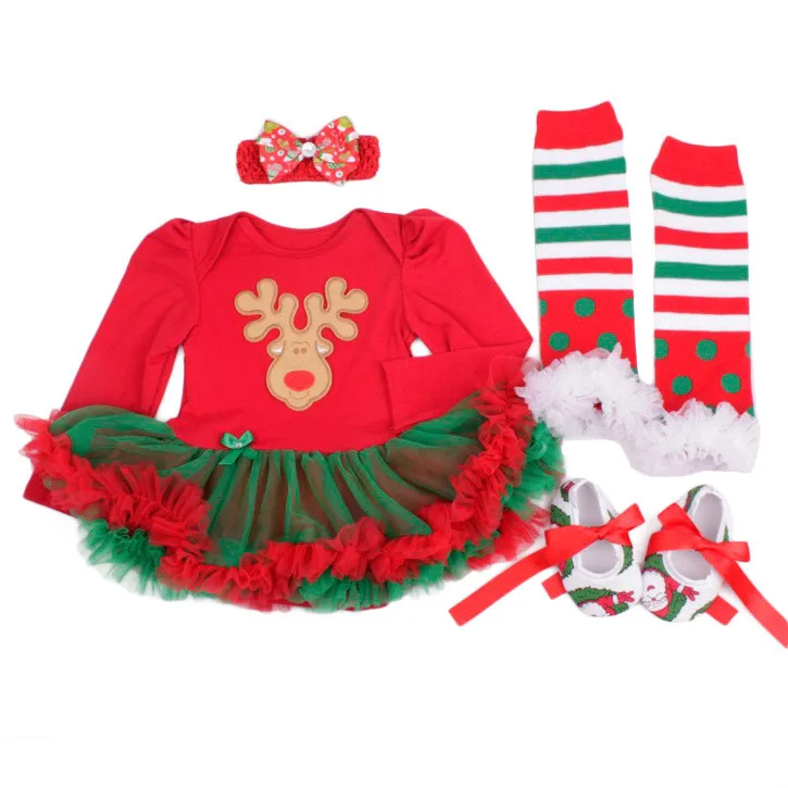 Одежда для новорожденных, Одежда для младенцев, Рождественская елка, подарок, первый комбинезон, костюм из 4 шт., комбинезон+ носки+ повязка на голову+ обувь