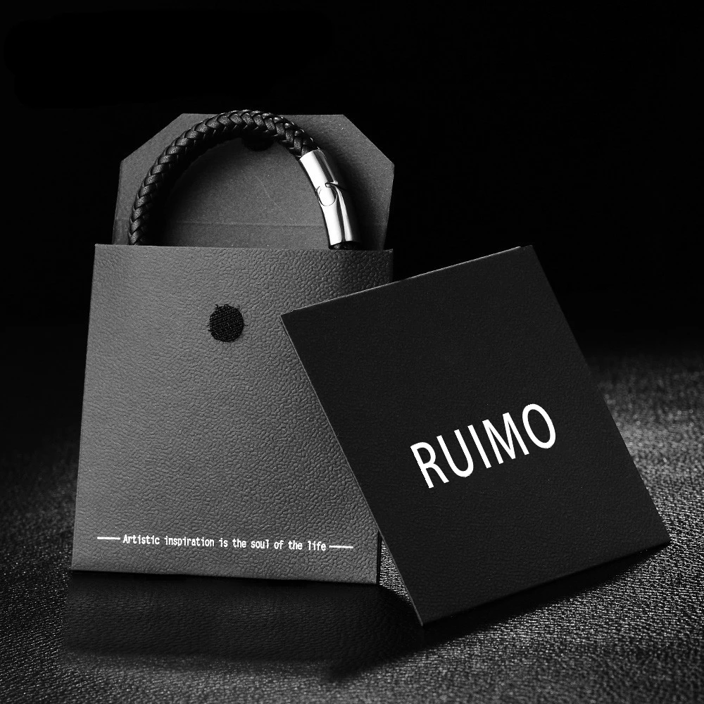 Женские кожаные браслеты RUIMO черные плетеные в стиле панк из нержавеющей стали 316L