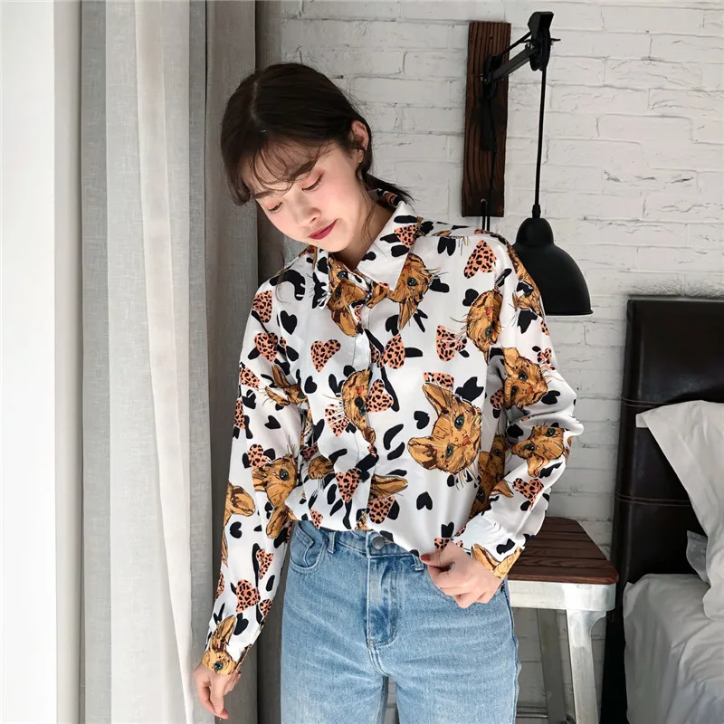 Lychee/блузка с принтом милого кота для девочек Длинные Блузки отложным воротником
