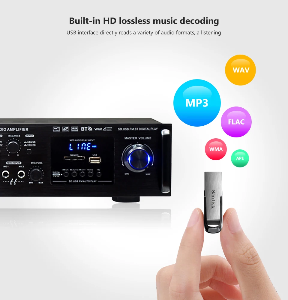 SUNBUCK автомобильный усилитель встроенный Bluetooth AV Разъем для усилителя-в карты USB 12 В 220 В домашняя Высокая мощность бас профессиональный аудио усилитель
