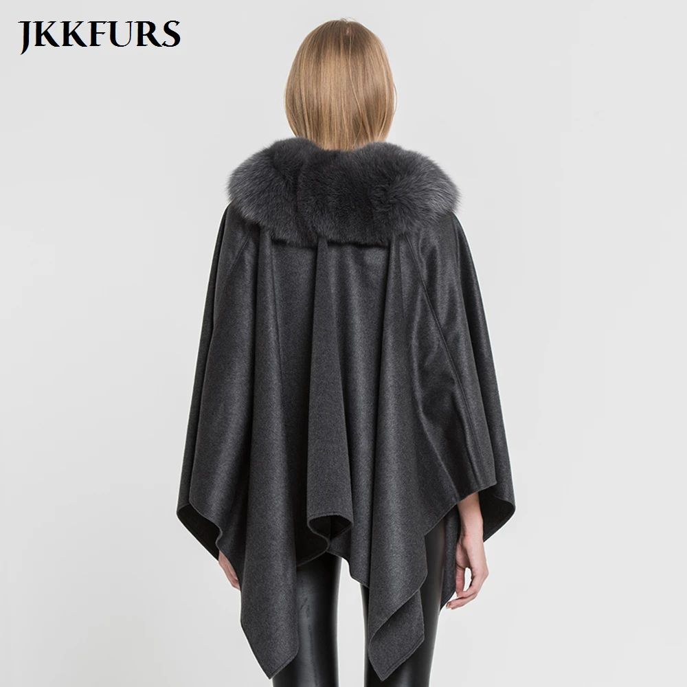 JKKFURS, новинка, женское пончо, натуральный Лисий мех, воротник, отделка и шерсть, накидка, модный стиль, высокое качество, зимнее теплое пальто S7357