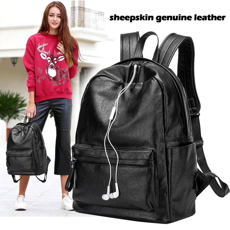 

New Fashion Sheepskin Genuine Leather Women Backpack High Quality Female Ladies Student Bag Girl Brand Casual Computer Bag