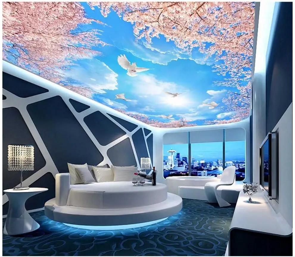 

3d ceiling murals wallpaper mural 3d wallpaper Blue sky white clouds cherry tree 3D zenith murals photo 3d wallpaper