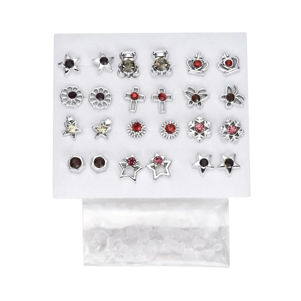 12 Pair Silver 12-36 пар/уп. модная женская круглая звезда со стразами цветочные серьги-гвоздики ювелирные изделия - Окраска металла: 12 Pair Silver