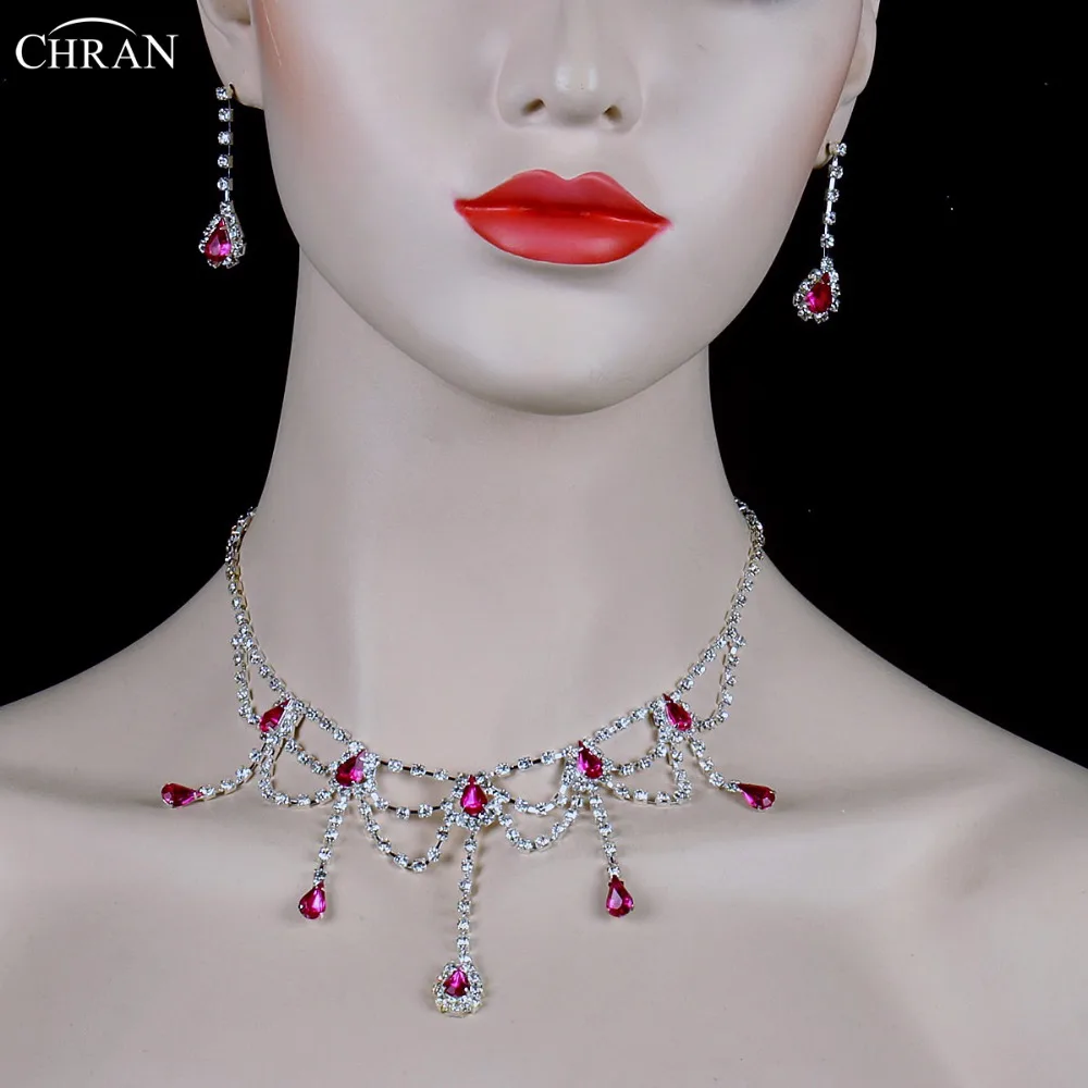 CHRAN Charm Silver Plated Pink Crystal Bridal Jewelry Sets Wholesale Sparkling Rhinestone Wedding Accessories for Women | Украшения и