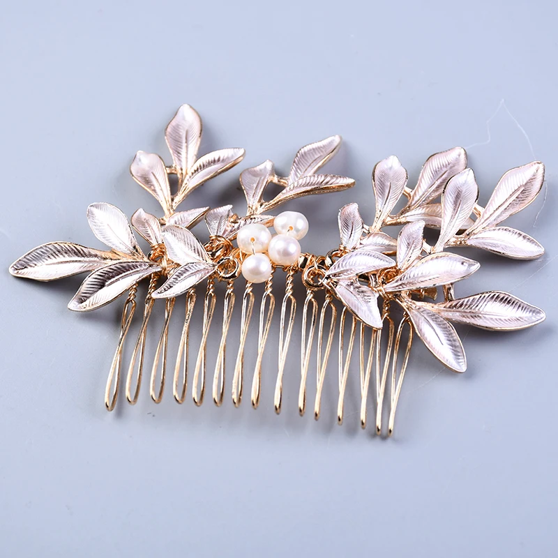 

4PCS Gold Color Leaf Hair Combs and Pins Women Wedding Hair Accessories Pearl Head Decoration Crystal Ornament For Bride