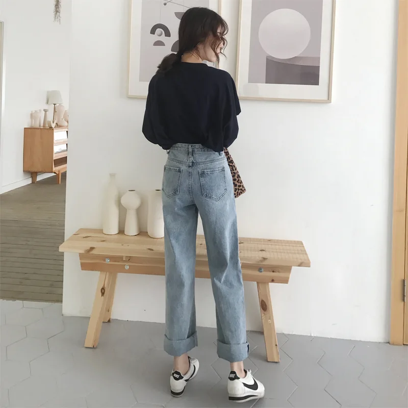 Высокая талия широкие брюки женские Ins2019 осенние ленивые джинсовые | Женская
