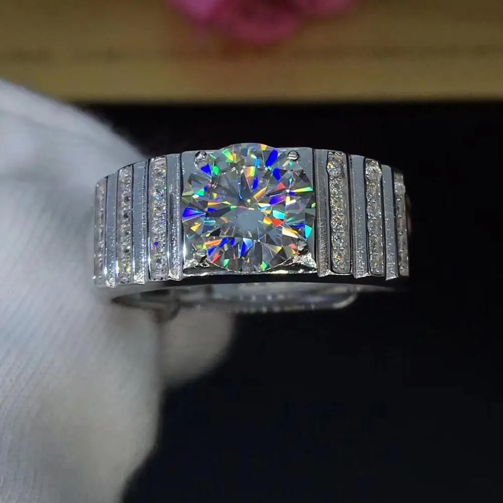 Круглое серебряное кольцо из муассанита 2ct 8,00 мм D VVS роскошное кольцо из муассанита Weding для мужчин