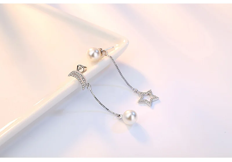 Серьги 925, модные Висячие серьги, для ушей, асимметричное серебро, блестящая луна, звезда, Висячие жемчужные серьги для женщин