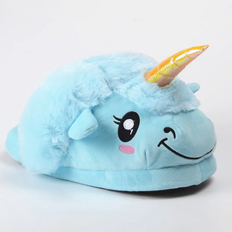 Зимние теплые домашние тапочки Плюшевые женские с единорогом из мультфильма для